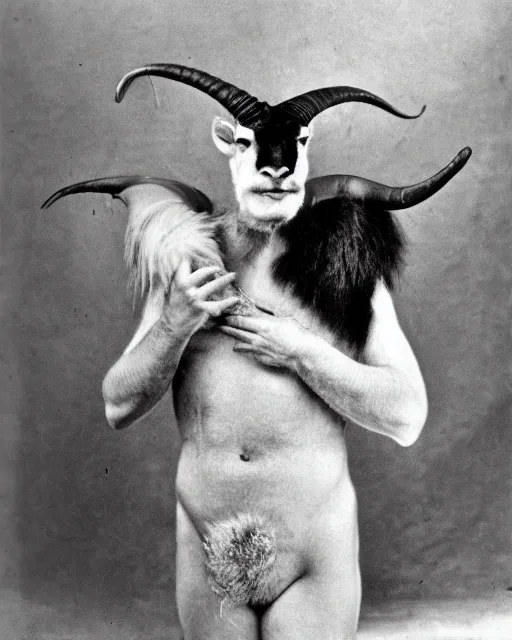 Image similar to aleister crowley as a a satyr goat man, he has long goat ears, multicolored goat fur, goat horns and yellow goat eyes with black horizontal pupils