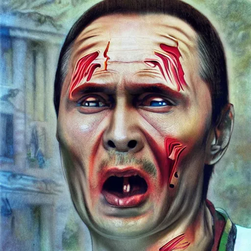 Image similar to stupid idiot degraded retard vlad putin photo - realistic, color image, hyper realistic, 2 k, highly detailed, occult art, by giger, fractal structure