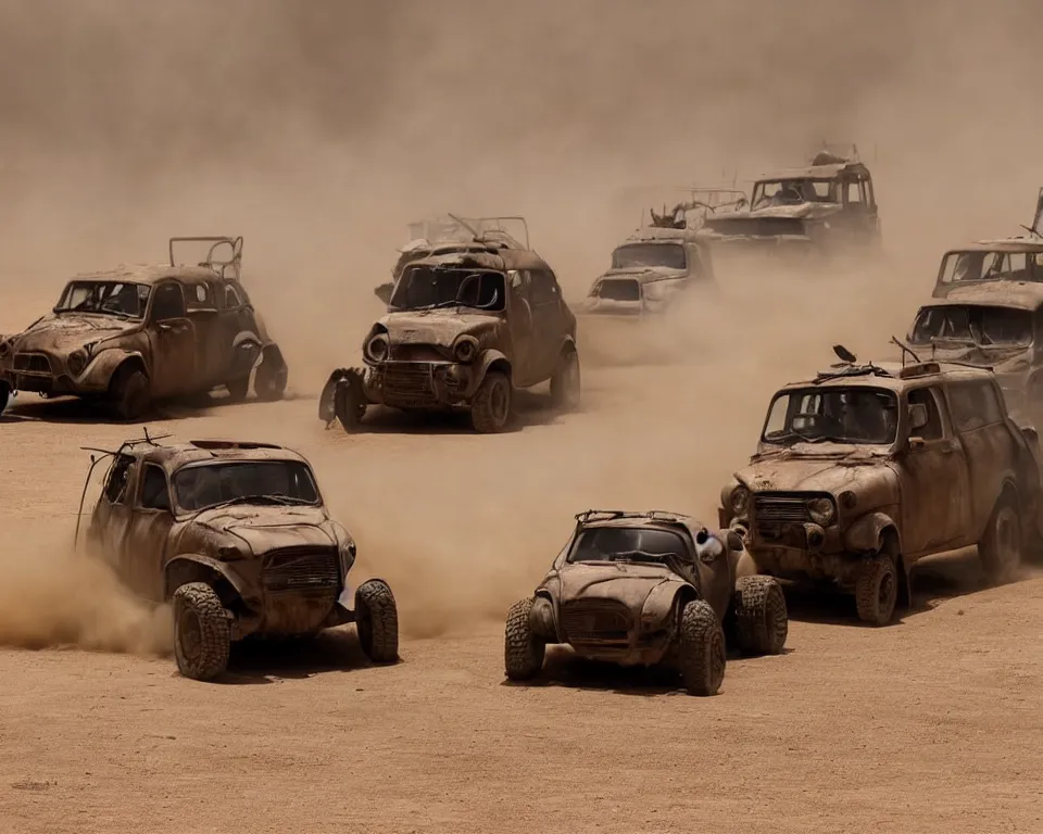 Image similar to epic sandstorm battle, Renault 4 Master cars in the Movie Mad Max: Fury Road (2015)