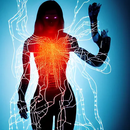 Image similar to in a dark room, a female cyborg with translucent skin showing circuitry and loose wires exploding into particles