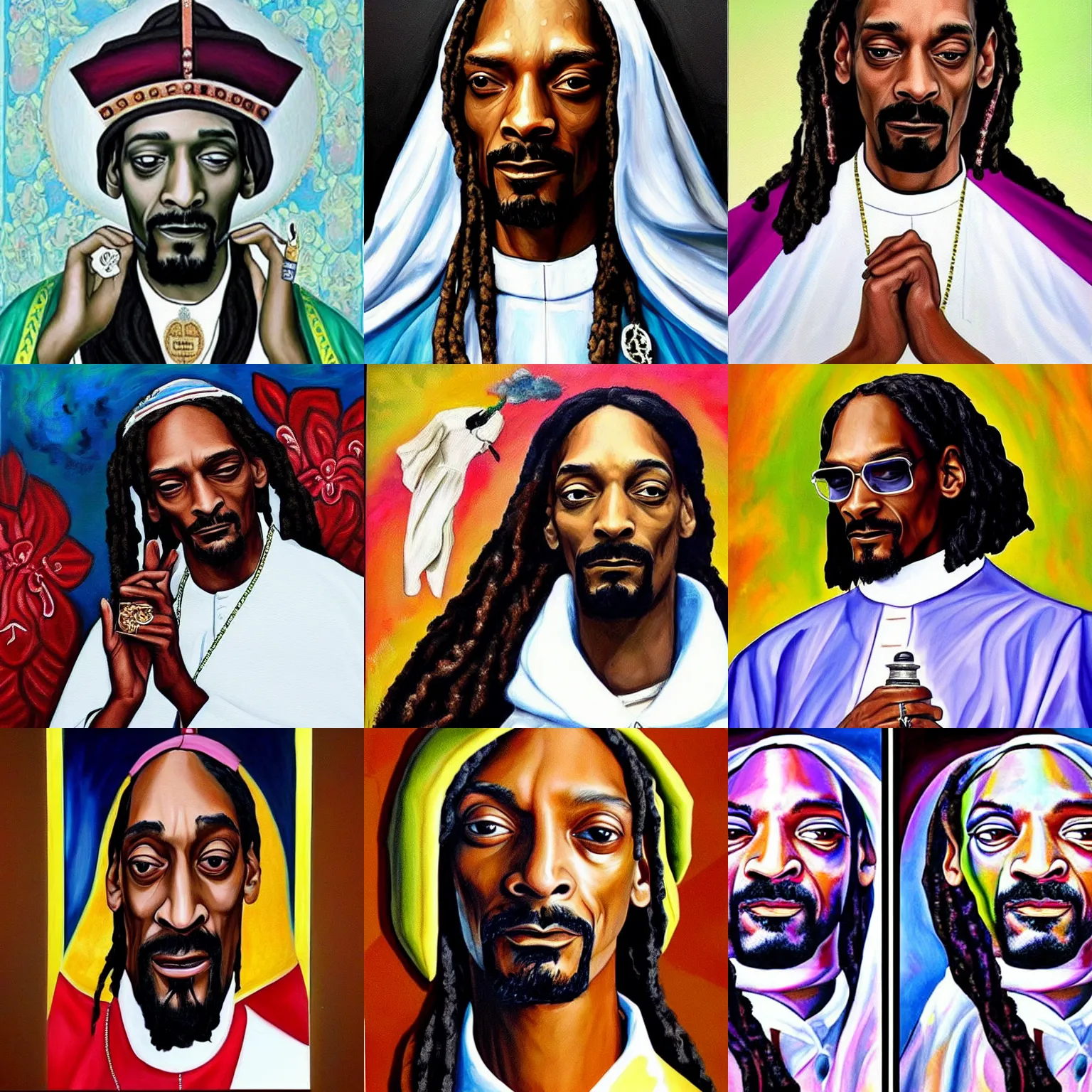 Prompt: beautiful painting of snoop dogg as the pope dogg