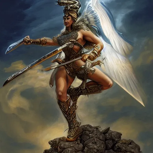 Prompt: a valkyrie swinging a greatsword atop a pile of bones painted by boris vallejo, epic fantasy, soft details, illustration, album cover, HD, trending on artstation, intricate