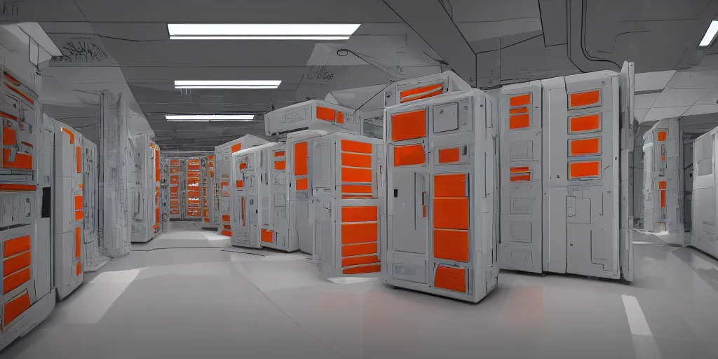 Prompt: parallax datacenter server room white - orange robocowboy in artstation