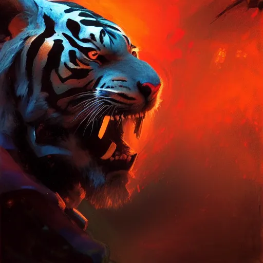 Prompt: hyperrealistic portrait of an athropomorphic tiger wearing heavy combat red - blue armor, bladerunner street, art of elysium by jeremy mann and alphonse mucha, fantasy art, photo realistic, dynamic lighting, artstation, poster, volumetric lighting, very detailed face, 4 k, award winning, cinematic lighting, deviantart, artstation, cg society