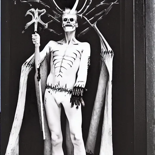 Image similar to david bowies as lucifer from neil gaimans sandman, standing at the gates of hel, holding a liong skeletal key