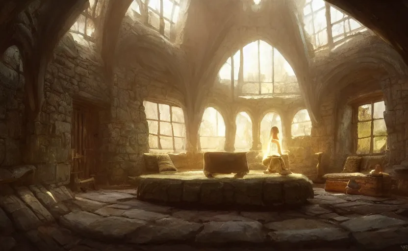 Image similar to painting of an interior of a hidden, cozy ring - shaped living quarters overlooking the great room, well maintained, clean, medieval, fantasy genre, natural light, fantasy, natural light, concept art, by greg rutkowski and craig mullins, cozy atmospheric and cinematic lighting, trending on artstation