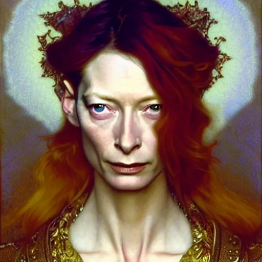 Image similar to young adult tilda swinton as lucifer morningstar, long blond hair, natural lighting, path traced, highly detailed, high quality, digital painting, by gaston bussiere, craig mullins, alphonse mucha j. c. leyendecker