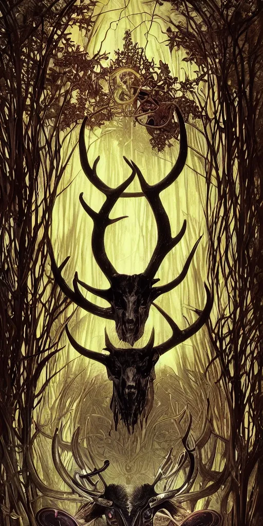 Image similar to intense glowing black metal pagan god with antlers and intense glowing eyes with a goat skull in very dark forest by karol bak and alphonse mucha, portrait, fantasy, clear, light beams, lens flare, intense, by josan gonzales and moebius, clean thick line, comics style, studio muti, malika favre, rhads, makoto