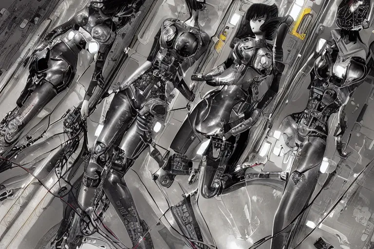 Image similar to a cyberpunk illustration of a group of female androids in style of masamune shirow, lying on an empty, white floor with their bodies scattered across, turned in different poses and cables and wires coming out, by yukito kishiro and katsuhiro otomo, hyper-detailed, intricate, view from above