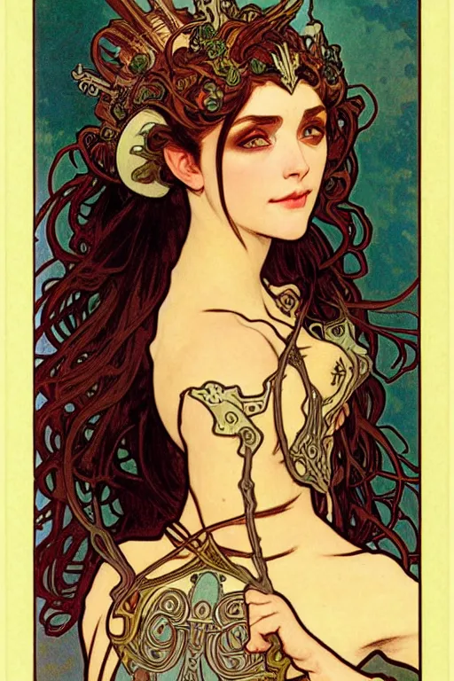Image similar to head and shoulders portrait of an eldritch knight, elf, beautiful, female, breastplate, magical, high fantasy, d & d, by alphonse mucha, face details, extremely detailed, vogue fashion photo