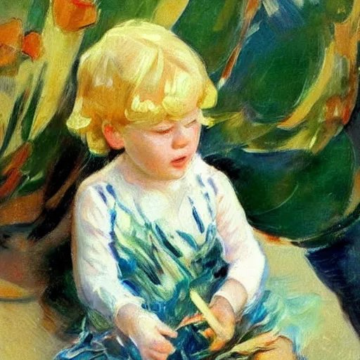 Image similar to A 2 year old girl playing with small abalone shells, blond hair. Painting by Sorolla