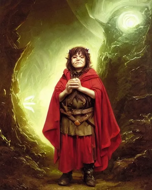 Image similar to A halfling wild magic sorcerer. He is wearing a cloak with glowing runes on it and a crown. He is frowning seriously. He is preparing to cast a spell to banish the old gods. He is standing in spell circle. Award winning realistic oil painting by Thomas Cole and Wayne Barlowe