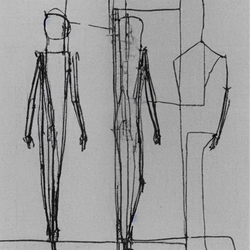 Prompt: architectural blueprint of a public sculpture, human figure in the style of giacometti, drawn to scale with orthographic views