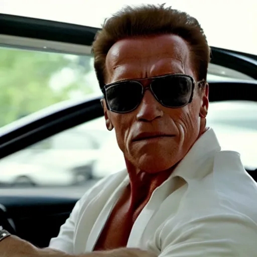 Prompt: arnold schwarzenegger as the driver in drive ( 2 0 1 1 )