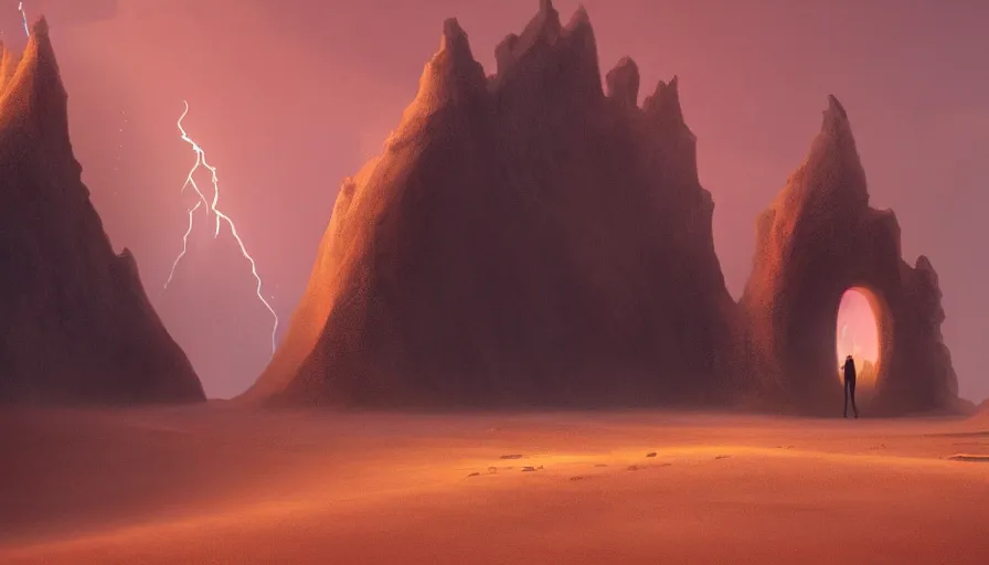 Image similar to a glowing magical portal inside a sand big wave fantasy desert, portal, a man watching over, lightning, by caspar david friedrich by james gilleard and justin gerard, artstation, smooth, sharp focus, by jean baptiste, octane render