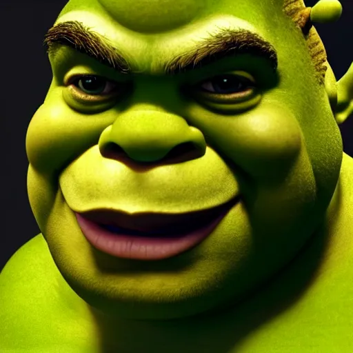 Image similar to portrait of shrek with short thick hair, with thick hair with very thick short hair realistic hyperrealistic 4 k resolution 8 k resolution highly detailed very detailed extremely detailed hd quality detailed face very detailed face extremely detailed face trending on artstation