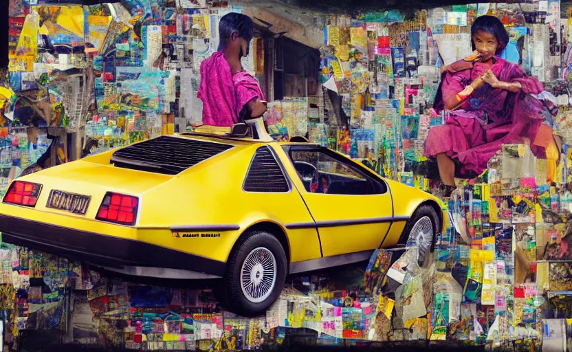 Image similar to a yellow delorean in ajegunle slums of lagos - nigeria, magazine collage, colourful painting by hsiao - ron cheng,