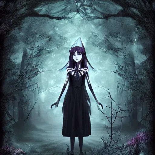 Prompt: portrait of beautiful darkness witch as a 3D anime girl, dark forest moonlight background, inspired by Tim Burton, digital painting, unreal engine render, volumetric light, high détail