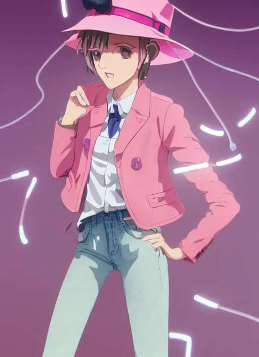 Image similar to a young woman, with a wavy short pink hair and pink fedora hat, wearing a light pink jacket with a dark blue tie, purple gloves and blue jeans shorts and white shoes. She is holding blue neon strings tied on her hand, rich vivid colors, ambient lighting, dynamic lighting, 4k, official media, anime key visual, makoto shinkai, ilya kuvshinov, lois van baarle, rossdraws, detailed, trending on artstation