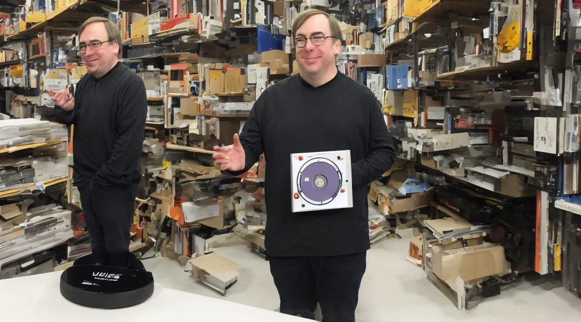 Prompt: one vinil scale figure of Linus Torvalds, photo product