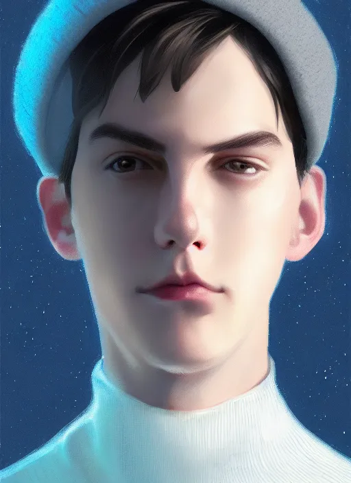 Image similar to portrait of teenage jughead jones wearing a light grey crown, crown, blue turtleneck, closed eyes, photorealistic, black hair, glowing lighting, intricate, elegant, glowing lights, highly detailed, digital painting, artstation, concept art, smooth, sharp focus, illustration, art by wlop, mars ravelo and greg rutkowski