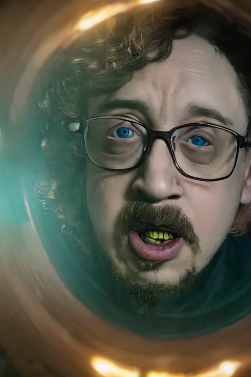 Image similar to A still of Sam Hyde in Dr. Strange Multiverse of Madness, close-up, sigma male, rule of thirds, award winning photo, unreal engine, studio lighting, highly detailed features, raining, ethereal lighting