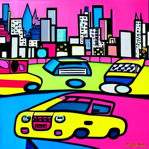 Image similar to cars in the city, painting by romero britto