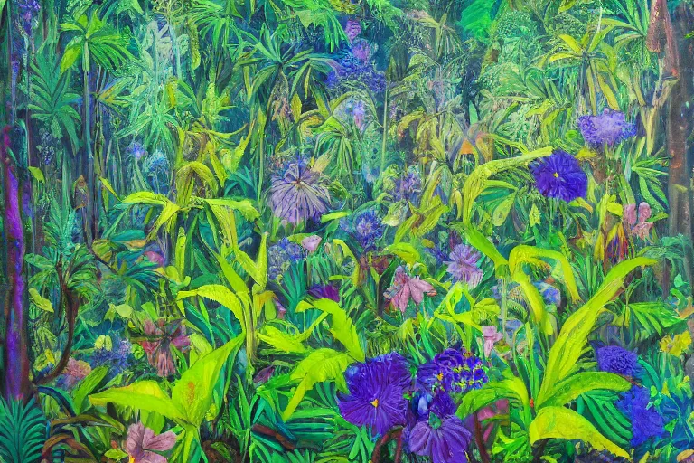 Image similar to A flowery meadow at the edge of a dense rainforest jungle, ultraviolet photography, oil painting