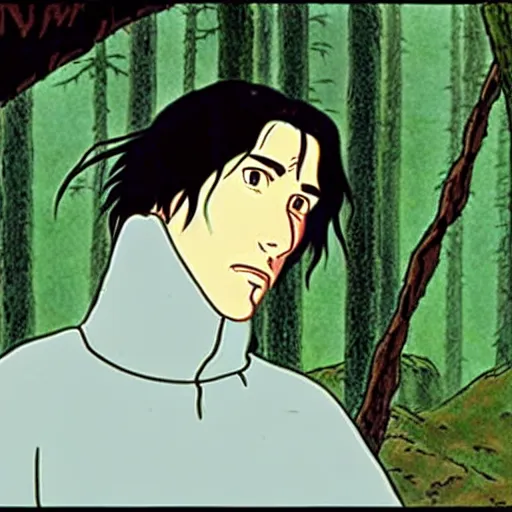 Image similar to a still of keanu reeves in princess mononoke ( 1 9 9 7 ) studio ghibli art style. hayao miyazaki imagination