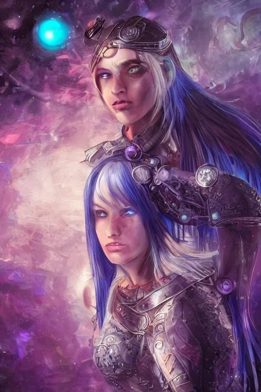 Image similar to Path of Exile, Maven, blue eyes female image with silver purple hair among colourful lights, dark blue spheres fly around, Anachronism, painting, dark fantasy, steampunk, 4k