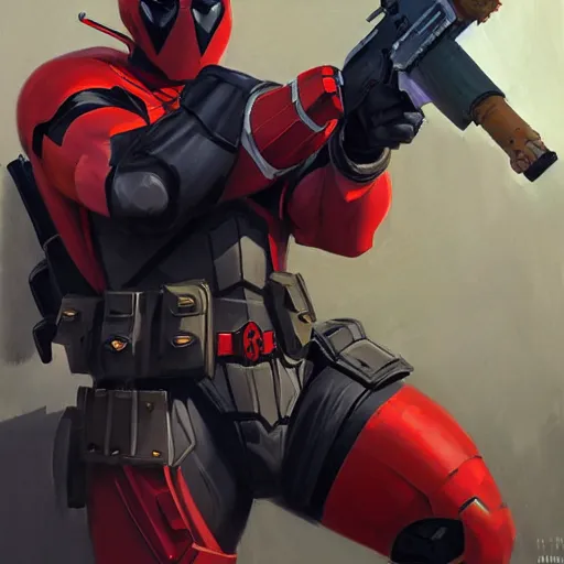 Image similar to greg manchess portrait painting of armored deadpool as overwatch character, medium shot, asymmetrical, profile picture, organic painting, sunny day, matte painting, bold shapes, hard edges, street art, trending on artstation, by huang guangjian and gil elvgren and sachin teng