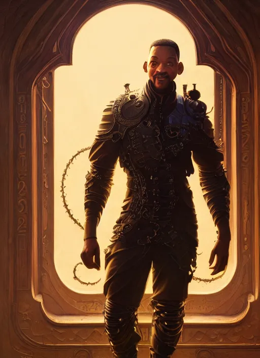 Image similar to will smith as oscar diggs, intricate, d & d, fantasy, art nouveau, digital painting, trending on artstation, sharp focus, wide shot, illustration, global illumination, ray tracing, art by artgerm and greg rutkowski and ruan jia