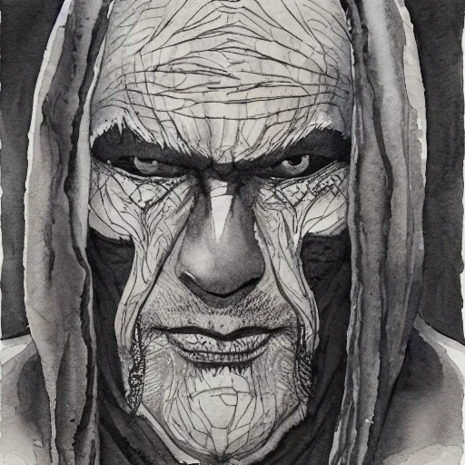 Image similar to a 3 / 4 view watercolor ink painting of old shaman his burns from the inside out, old mexican magician closes eyes, gray haired, in the style of jean giraud in the style of moebius trending on artstation deviantart pinterest detailed realistic hd 8 k high resolution