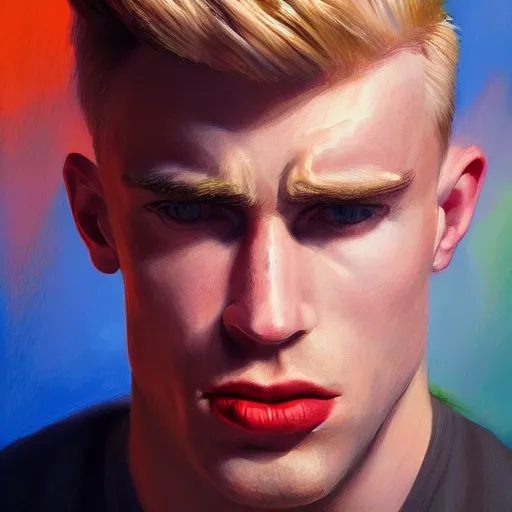 Prompt: a close up hyper realistic portrait of a blonde man with a chiseled jawline, vibrant color, edward hopper, trending on artstation