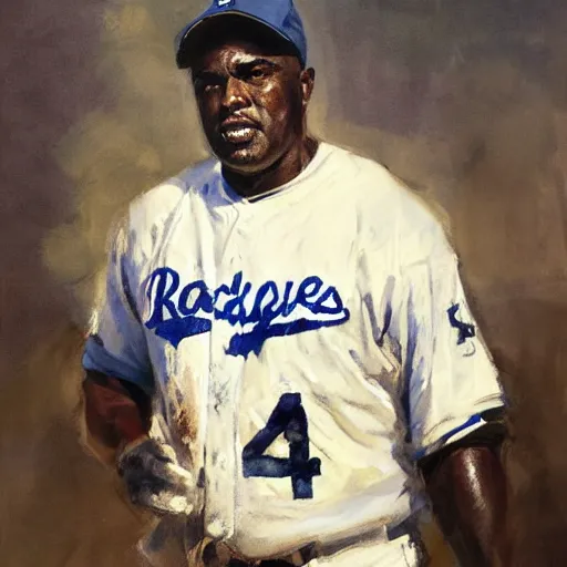 Image similar to portrait of jackie robinson, by jeremy mann, anders zorn, greg rutkowski.