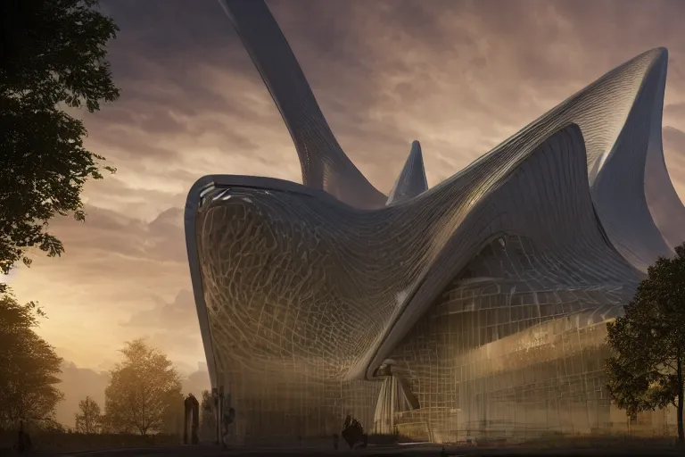 Image similar to extremely detailed cathedral designed by Zaha Hadid surrounded by a forest, stunning volumetric light, sunset, metal, concrete and translucent material, stunning skies, trending on Artstation, 8k, photorealistic, hyper detailed, unreal engine 5, IMAX quality, cinematic, epic lighting, in the style of Greg Rutkowski