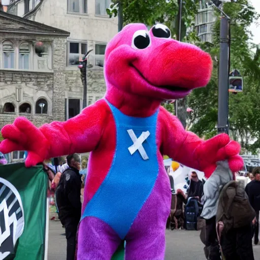 Prompt: Barney the Dinosaur spotted at a Nazi rally