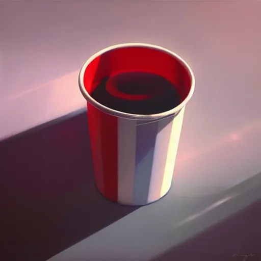 Prompt: white paper cup with red strip!!!, hyperrealistic, highly detailed, cinematic, volumetric sunlight, beautiful, cgssociety, artstation, 8 k, oil painting by greg rutkowski, by artgerm, by wlop