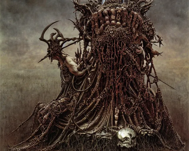 Image similar to Ancient blood-leaking cultic ritual totem made of horns and thorns, flesh and steel chains by kostnice czech, Beksinski, Arthur Rackham, Eugene de Blaas, Dariusz Zawadzki, Wayne Barlowe