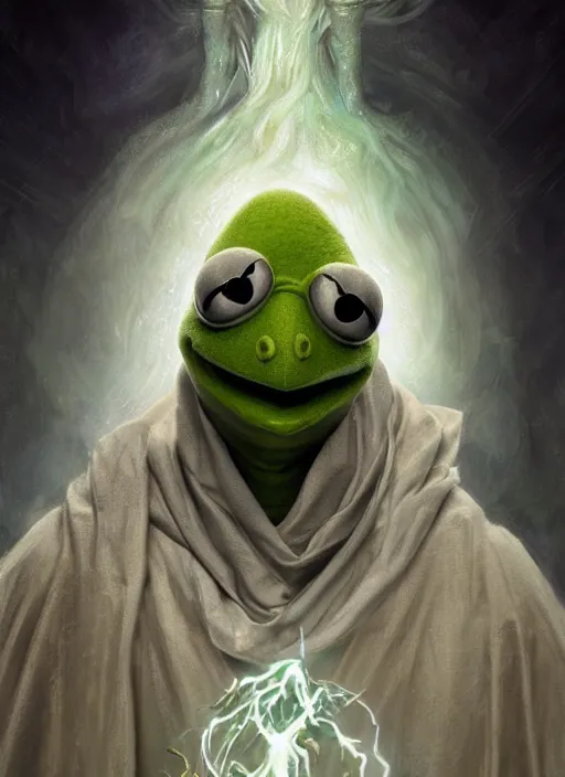 Prompt: Portrait of Kermit the Frog, white glowing eyes, silver hair, cloak, ethereal wings, male, fantasy, extremely detailed, digital painting, artstation, concept art, smooth, sharp focus, illustration, stunning lighting, art by artgerm and greg rutkowski and alphonse mucha and simon stalenhag, realistic character concept, high fantasy, light atmosphere, golden ratio, cinematic lighting, hyperdetailed, high resolution, insanely detailed and intricate, artstation, Marc Simonetti, Greg Rutkowski, 8k