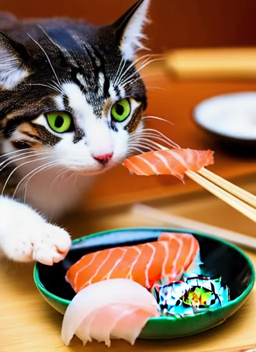 Image similar to clear photograph of cute cats stealing sushi from sushi plates