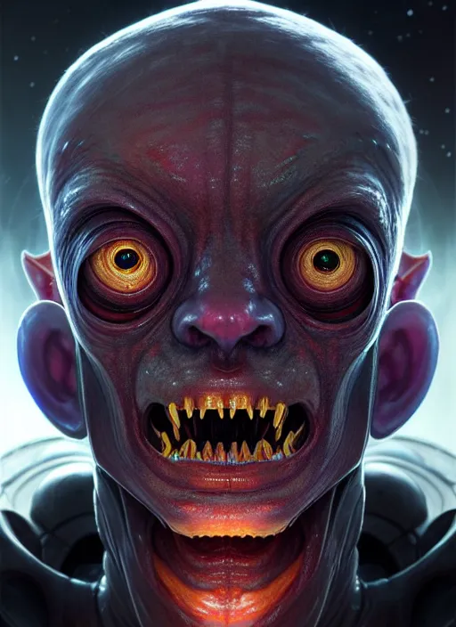 Image similar to portrait of a space alien, varying detailed skin, octane render, piercing glowing eyes, realistic render, detailed, ugly, slimy unreal engine, symmetrical!!, greg rutkowski and ruan jia, art by karol bak, makeup, cinematic