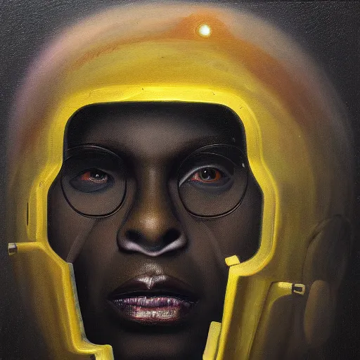 Image similar to a realistic oil painting of a black man as a cybernetic cyborg, surrealism portrait, surrealism album cover