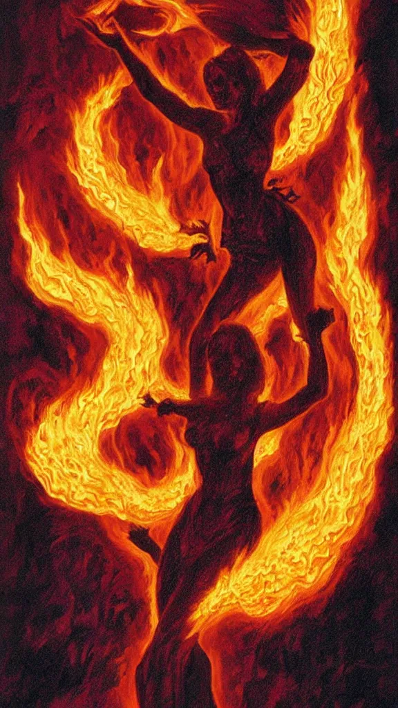 Prompt: silhouette of a woman made of roiling flames, clothed in roiling flames, by darrell k. sweet