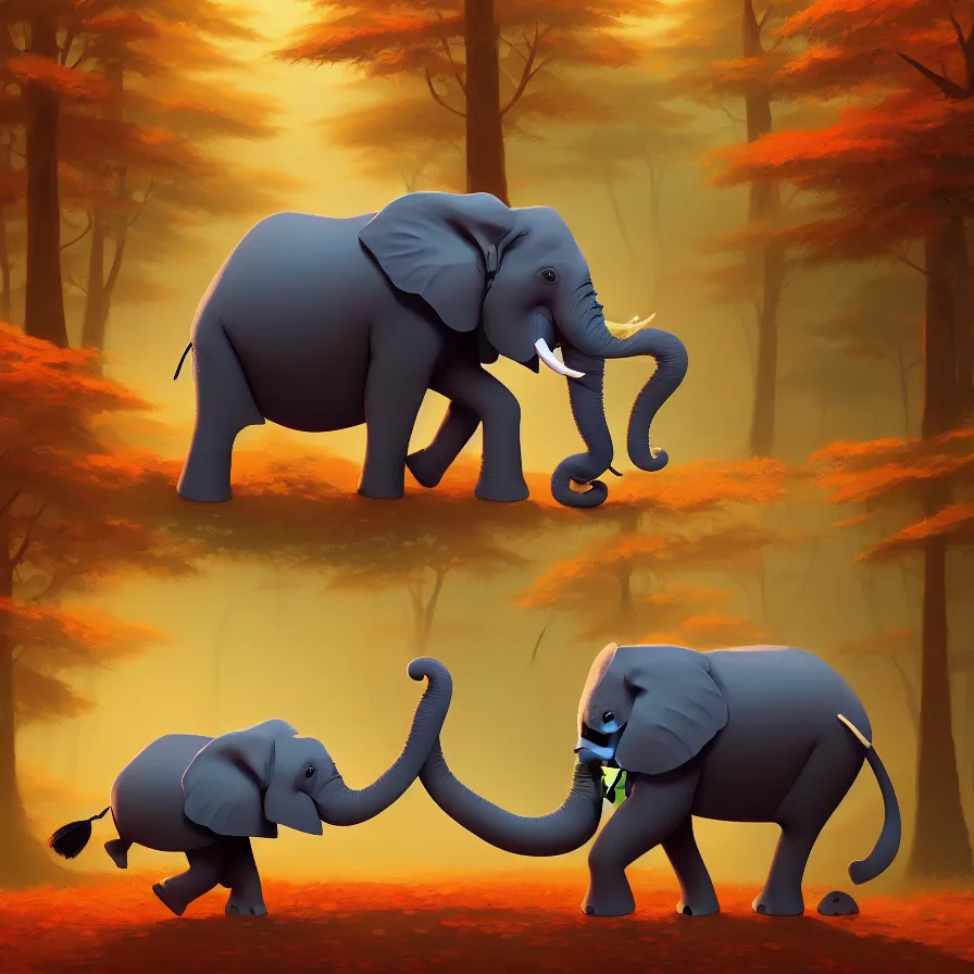 Prompt: Goro Fujita illustrating an elephant walking through a beautiful autumn forest, art by Goro Fujita, sharp focus, highly detailed, ArtStation