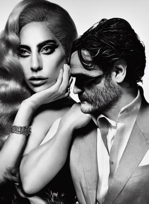 Prompt: lady gaga and joaquin phoenix styled by annie leibovitz, posing, old hollywood themed, classy, full body shot, set pieces, intricate set, vogue magazine, canon, highly realistic. high resolution. highly detailed. dramatic. 8 k. 4 k.
