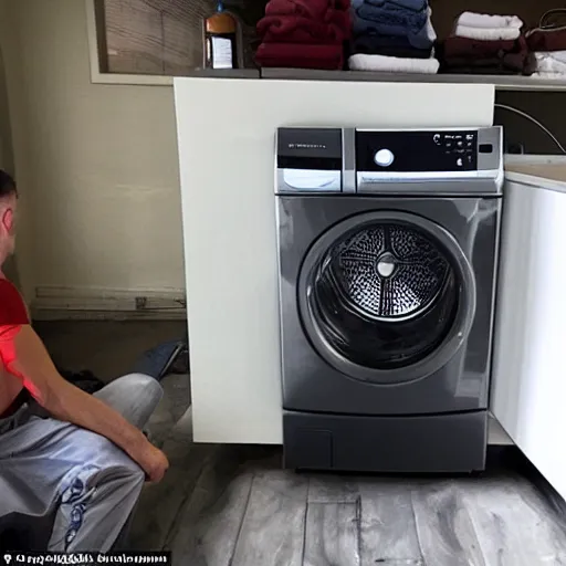 Image similar to A gigachad of a man is showing off his new washing machine