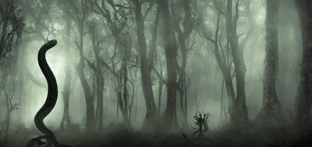 Image similar to a realistic photograph of a 6 armed serpent goddess + dark fantasy + nightime + ancient forest + dramatic lighting + fog