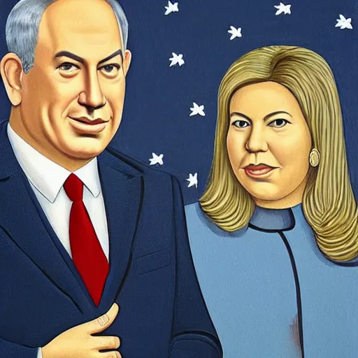 Image similar to A portrait of Benjamin Netanyahu and Sara Netanyahu by Grant Wood