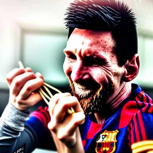 Prompt: lionel messi eating spaghetti, depth of field, photography, isometric, wide shot, studio, bokeh, gmaster,, kodak, sony, canon